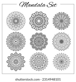 Geometric circular ornament set. Isolated vector mandalas for coloring book printing, design, logo, yoga, indian and arabic prints.
