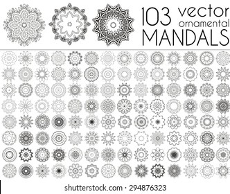 Geometric circular ornament set. Isolated vector mandalas. Perfect set for any kind of design, logo, wedding, birthday and other holiday, kaleidoscope, medallion, yoga, india, arabic