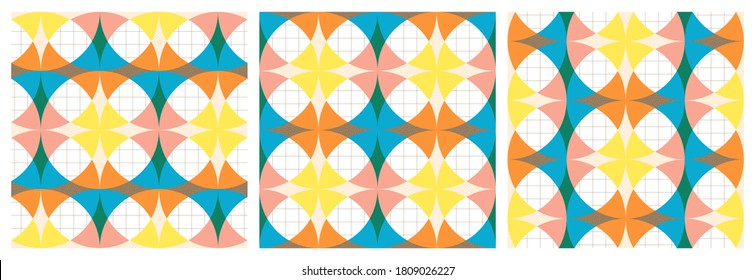 geometric circular overlaid seamless patterns with summer vibe set of three for branding, visual identity, marketing material, surface, textile, fabric, home decor, wallpaper, stationery, gift wrap