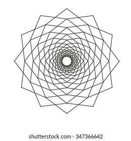 Geometric circular pattern of fine black lines on a white background.