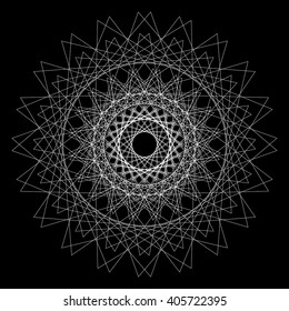 Geometric circular pattern of fine black lines on a white background.