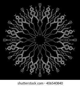 Geometric circular pattern of fine black lines on a white background.