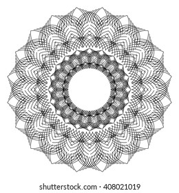 Geometric circular pattern of fine black lines on a white background.