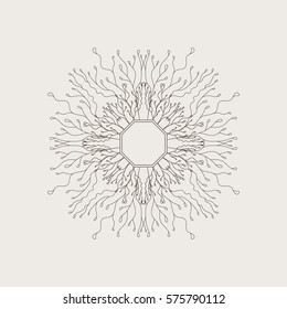 Geometric circular pattern of fine black lines on a white background