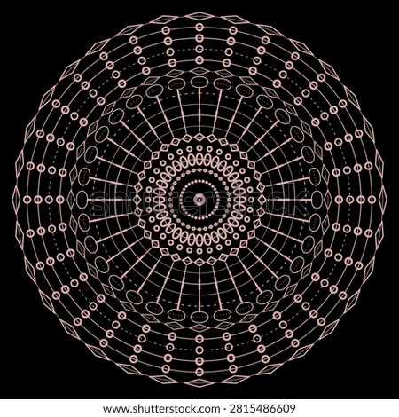 Geometric circular pattern of interconnected white lines and elliptical nodes on black background