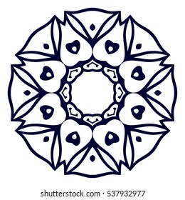 The geometric circular pattern or mandala in East style. Design element for coloring book, laser cut card, print for textile, yoga symbol, tracery for invitations for wedding or greeting cards.