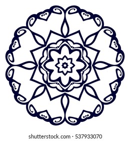 The geometric circular pattern or mandala in East style. Design element for coloring book, laser cut card, print for textile, yoga symbol, tracery for invitations for wedding or greeting cards.