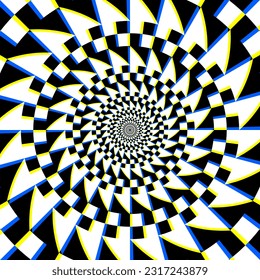 Geometric circular pattern with monochrome and colorful elements, creating a mesmerizing optical illusion effect.