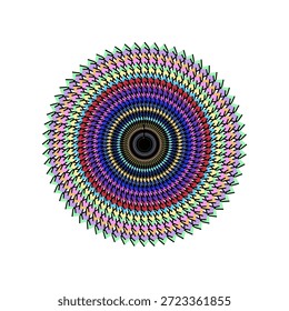 Ein geometrisches kreisförmiges Muster mit einem pastellfarbenen Regenbogenfarbenschema und gezackten Außenkanten auf weißem Hintergrund.