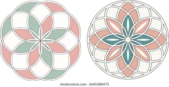 Geometric circular patterns featuring floral and organic designs in soft pastel colors.