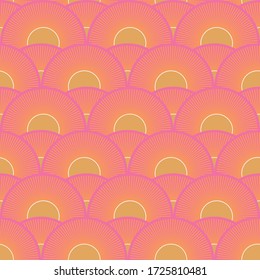 Geometric circular shapes, floral sunrise. Vector repeat pattern. Great for stationary, home decor, gift, products, backgrounds.