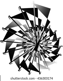 Geometric circular spiral. Abstract angular, edgy shape in rotating fashion. Editable vector.