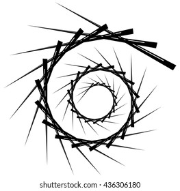 Geometric circular spiral. Abstract angular, edgy shape in rotating fashion. Editable vector.