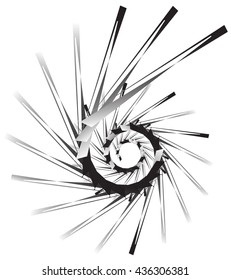 Geometric circular spiral. Abstract angular, edgy shape in rotating fashion. Editable vector.