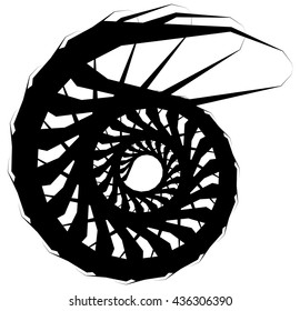 Geometric circular spiral. Abstract angular, edgy shape in rotating fashion. Editable vector.