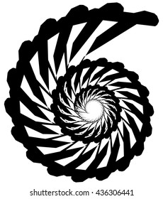Geometric circular spiral. Abstract angular, edgy shape in rotating fashion. Editable vector.