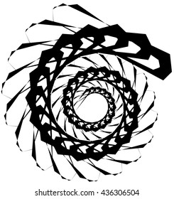 Geometric circular spiral. Abstract angular, edgy shape in rotating fashion. Editable vector.