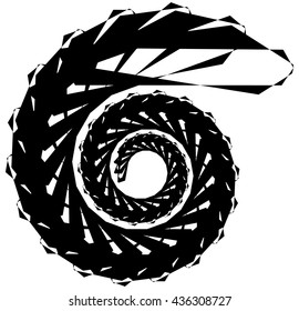 Geometric circular spiral. Abstract angular, edgy shape in rotating fashion. Editable vector.