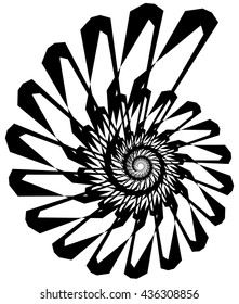Geometric circular spiral. Abstract angular, edgy shape in rotating fashion. Editable vector.