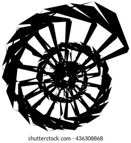 Geometric circular spiral. Abstract angular, edgy shape in rotating fashion. Editable vector.