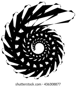 Geometric circular spiral. Abstract angular, edgy shape in rotating fashion. Editable vector.