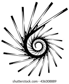 Geometric circular spiral. Abstract angular, edgy shape in rotating fashion. Editable vector.