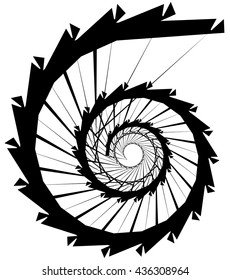 Geometric circular spiral. Abstract angular, edgy shape in rotating fashion. Editable vector.