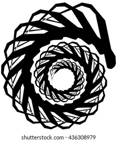 Geometric circular spiral. Abstract angular, edgy shape in rotating fashion. Editable vector.