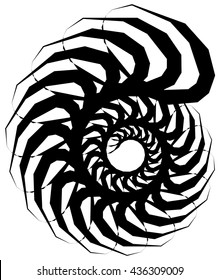 Geometric circular spiral. Abstract angular, edgy shape in rotating fashion. Editable vector.