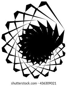 Geometric circular spiral. Abstract angular, edgy shape in rotating fashion. Editable vector.