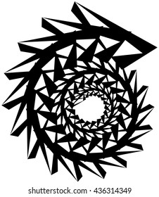 Geometric circular spiral. Abstract angular, edgy shape in rotating fashion. Editable vector.