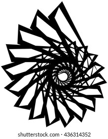 Geometric circular spiral. Abstract angular, edgy shape in rotating fashion. Editable vector.