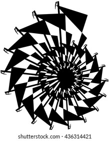 Geometric circular spiral. Abstract angular, edgy shape in rotating fashion. Editable vector.