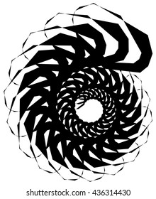 Geometric circular spiral. Abstract angular, edgy shape in rotating fashion. Editable vector.