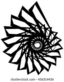 Geometric circular spiral. Abstract angular, edgy shape in rotating fashion. Editable vector.