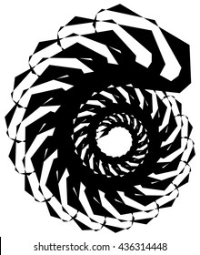 Geometric circular spiral. Abstract angular, edgy shape in rotating fashion. Editable vector.