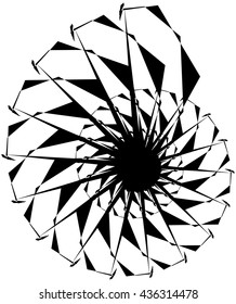 Geometric circular spiral. Abstract angular, edgy shape in rotating fashion. Editable vector.