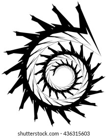 Geometric circular spiral. Abstract angular, edgy shape in rotating fashion. Editable vector.
