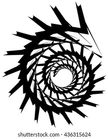 Geometric circular spiral. Abstract angular, edgy shape in rotating fashion. Editable vector.