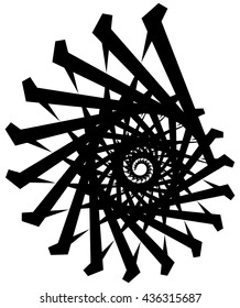 Geometric circular spiral. Abstract angular, edgy shape in rotating fashion. Editable vector.