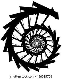 Geometric circular spiral. Abstract angular, edgy shape in rotating fashion. Editable vector.