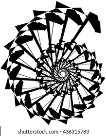 Geometric circular spiral. Abstract angular, edgy shape in rotating fashion. Editable vector.