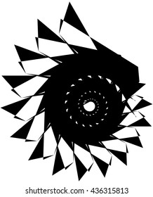 Geometric circular spiral. Abstract angular, edgy shape in rotating fashion. Editable vector.