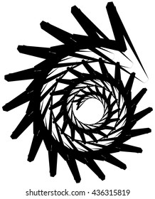 Geometric circular spiral. Abstract angular, edgy shape in rotating fashion. Editable vector.