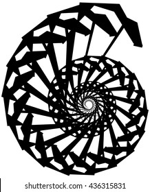 Geometric circular spiral. Abstract angular, edgy shape in rotating fashion. Editable vector.