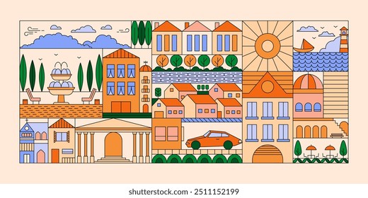 Geometric city landscape. Abstract urban buildings with park trees and road, minimal linear background for town poster or banner with colorful flat elements. Vector illustration.