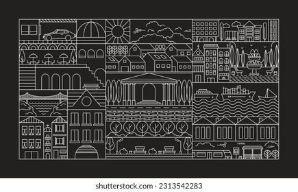 Geometric city landscape line pattern. Simple outline urban town building park sea recreation zone. Vector illustration