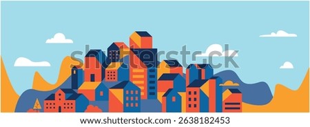 Geometric cityscape. Graphic drawing of a building. City houses. City landscape with brightly colored houses. Summer panorama. Minimal landscape. Architecture vector flat design