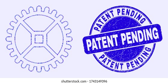 Icono de mosaico del engranaje de reloj geométrico y sello de sello de patente pendiente. Sello de sellado de socorro redondeado de vector azul con frase de patente pendiente. Composición abstracta de los engranajes de reloj compuestos de esfera, triángulos,
