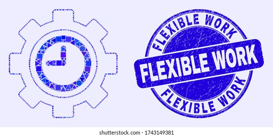 Geometric clock settings gear mosaic pictogram and Flexible Work seal stamp. Blue vector round textured seal stamp with Flexible Work phrase. Abstract collage of clock settings gear combined of round,